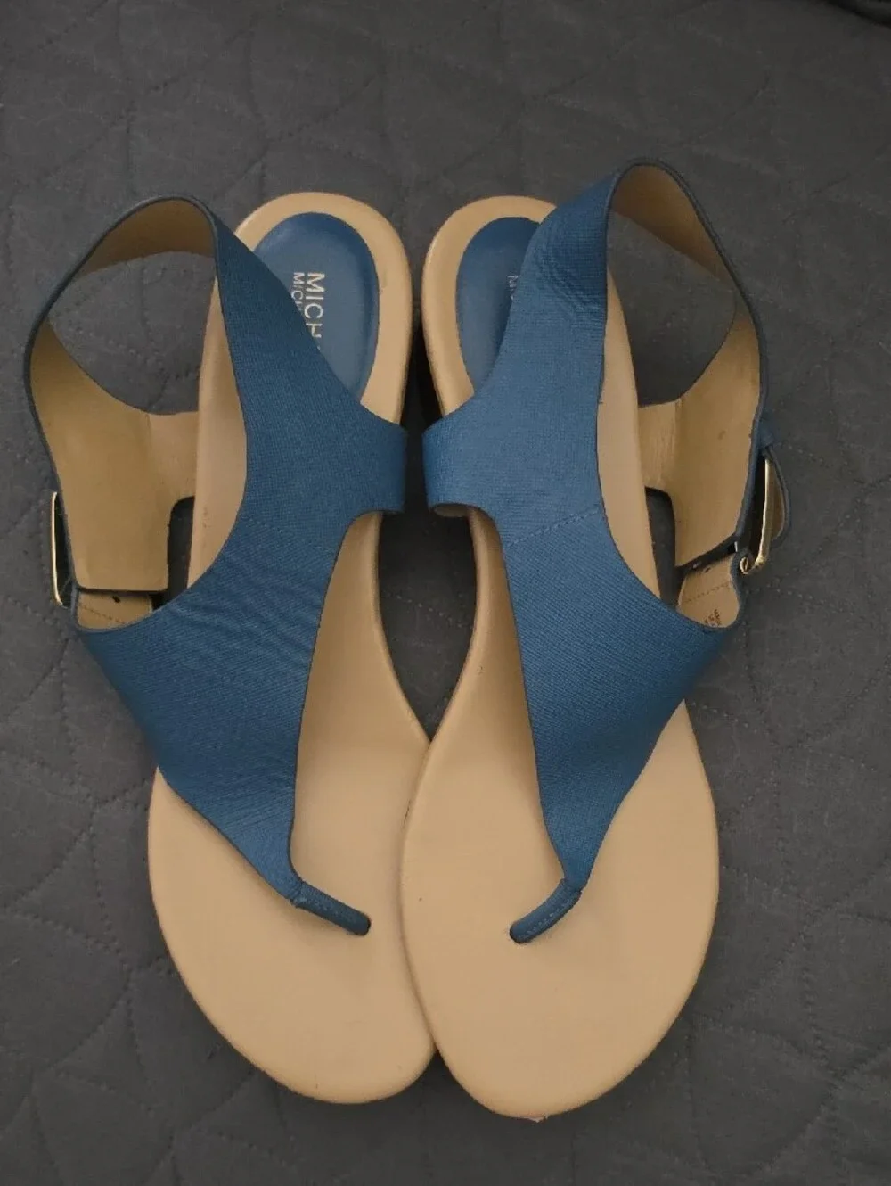 Michael Kors Teal Slingback Thong Sandals with Gold Buckle